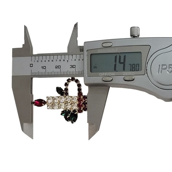 Gold Tone Red Clear Green Rhinestone Christmas Candle Brooch Pin K677 - Picture 7 of 8